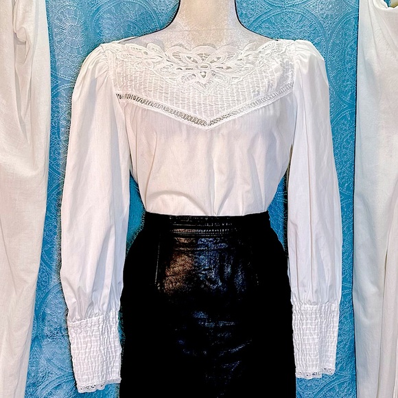 Vintage Tops - #S2. Vintage 80s Victorian Style Embroidered Floral Cut Out White Blouse